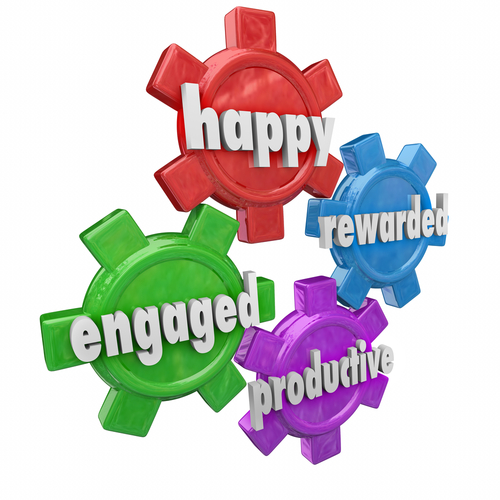 Colourful cogs illustrating how being happy can make you more productive, by making you feel more engaged in what you are doing, and more likely to celebrate small rewards.