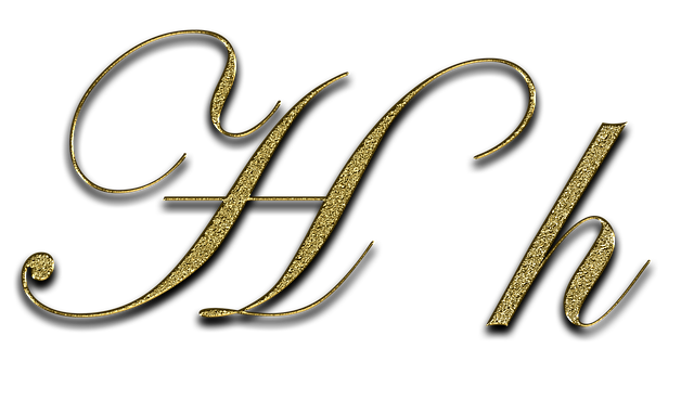 Big and small letter hs in gold lettering. 