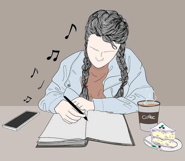 Girl working while listening to music. 